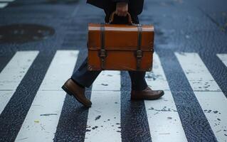 AI generated Businessman with Briefcase Crossing the Street on Zebra Crossing photo