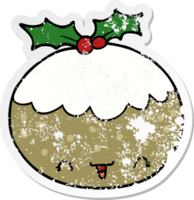 distressed sticker of a cute cartoon christmas pudding png