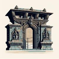 AI generated A close-up depiction of a weathered stone entrance gate to a Nepali temple, adorned with intricate carvings and guardian statues. photo