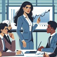 AI generated Business presentation meeting flat illustration. Woman entrepreneurs lead the meeting and discuss infographics on screen photo