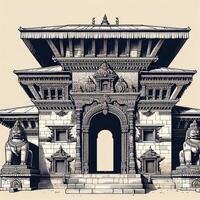 AI generated A close-up depiction of a weathered stone entrance gate to a Nepali temple, adorned with intricate carvings and guardian statues. photo