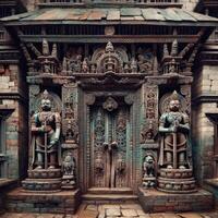 AI generated A close-up depiction of a weathered stone entrance gate to a Nepali temple, adorned with intricate carvings and guardian statues. photo