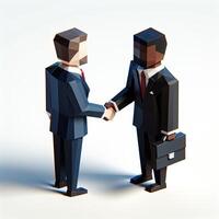AI generated 3D illustration of business handshake. Cute cartoon smiling man with laptop and bearded businessman with briefcase standing and shaking hands. Successful agreement, deal concept. photo
