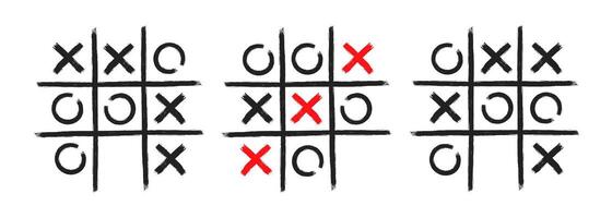 Tic tac toe xo game hand drawn grid doodle template vector illustration set isolated on white background