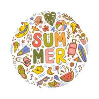 Round composition with summer themed cartoon objects vector