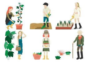 personas jardinería. hombre y mujer plantando jardines verduras, agricultura jardinero pasatiempo plantas a hogar y exterior. vector