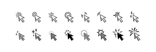 Doodle arrow click icon set. Hand drawn mouse cursor. Press here tap button. Arrow pointer. Sketch vector illustration with manga design elements