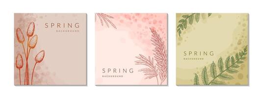 Spring floral watercolor abstract background set. Social media square post template. Spring flower design, greeting card, label, flyer, leaflet, poster. Beauty, spa, jewelry, wedding concept. vector