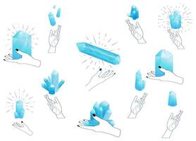 Set of Medicinal Quartz Crystals in a Outline Hand at White Background vector