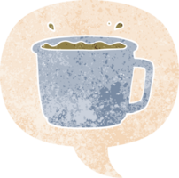 cartoon coffee cup with speech bubble in grunge distressed retro textured style png