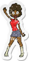 retro distressed sticker of a cartoon woman dancing png