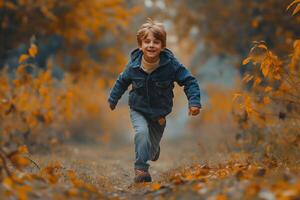 AI generated little boy running in the autumn forest. happy childhood and joy concept photo