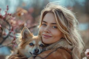AI generated Portrait of beautiful young woman with dog in warm clothes photo