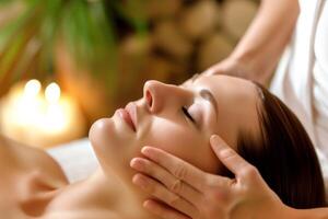ai generado relajado joven mujer consiguiendo facial masaje en spa salón. belleza tratamiento concepto foto