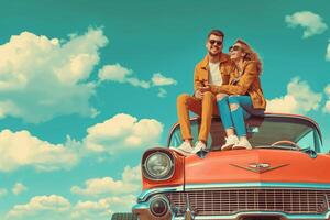 AI generated Young couple sitting on the roof of a retro car with suitcases. photo