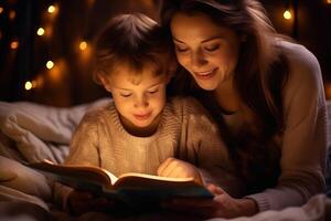 AI generated Mom reads a book to her little child, sitting on the sofa and covered with a blanket, lamp light photo