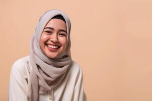 AI generated Beautiful Asian young Muslim woman wearing hijab, smiling and looking at camera on beige background photo
