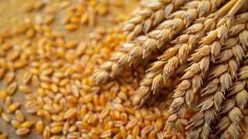 AI generated ears of wheat on a brown background. top view. food background photo