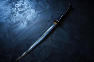 AI generated Japanese samurai sword katana on a black background. Selective focus. Shallow depth of field photo