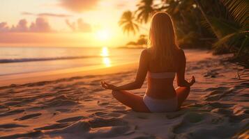 AI generated Young woman practicing yoga on the beach at sunset. Healthy lifestyle concept. photo
