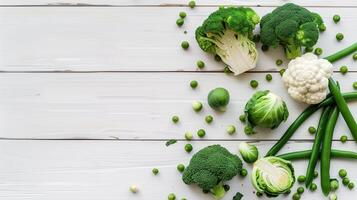 AI generated Vegetables cauliflower, broccoli, Brussels sprouts, peas on a white wooden background, top view, copy space photo