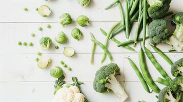 AI generated Vegetables cauliflower, broccoli, Brussels sprouts, peas on a white wooden background, top view, copy space photo