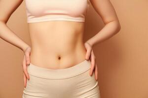 AI generated flat athletic belly of a young woman on a beige background, close-up photo