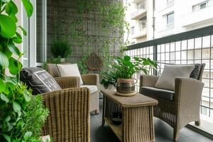 AI generated cozy patio balcony, seating area with wicker furniture and many plants photo