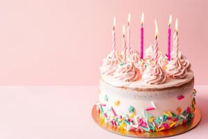 AI generated pink cake on a stand with burning candles on a pink background photo