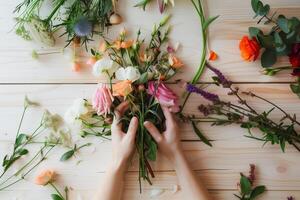 ai generado recortado ver de florista haciendo ramo de flores de flores en de madera superficie foto