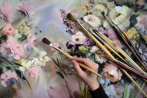 AI generated The artist paints flowers with oil paints on canvas close-up. photo