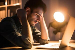 AI generated Young tired male programmer sitting in the office in front of a laptop, lamp light, diffused background photo