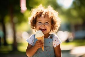 ai generado pequeño contento niña participación un hielo crema cono en un soleado día foto