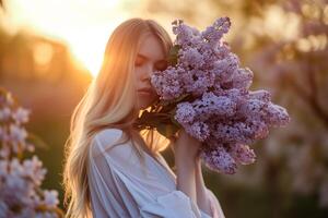 AI generated a young beautiful blonde holds a huge bouquet of lilacs to her face in the park at sunset photo