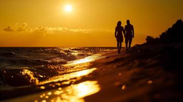 ai generado silueta de un romántico Pareja participación manos y caminando en el playa a puesta de sol. foto