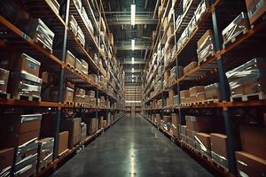 AI generated Warehouse or storehouse with rows of shelves and racks for storing goods photo