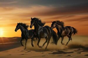 ai generado un grupo de agraciado negro caballos Galopando a lo largo el arena a puesta de sol foto
