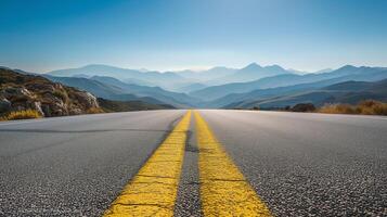 ai generado amarillo divisor rayas en el autopista extensión dentro el horizonte foto