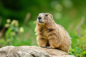 ai generado linda marmota rastreado fuera de su agujero y toma el sol en el sol, marmota día foto