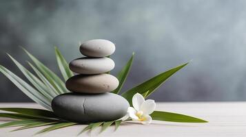 AI generated Spa stones with orchid flower on grey background. Zen concept photo