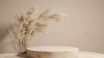 AI generated 3D rendering of a minimal podium for product display against pampas grass on a beige background photo