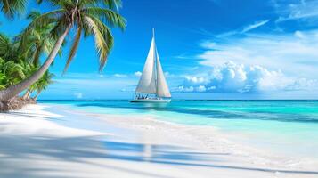 AI generated sailboat on the shore of a tropical beach with white sand and turquoise water photo