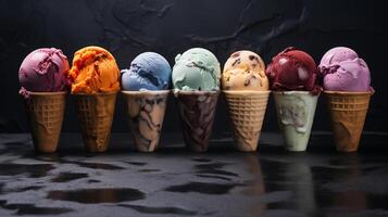 AI generated colorful ice cream scoops on dark marble background photo