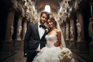 AI generated Beautiful wedding couple, bride and groom posing in a large majestic hall with statues photo