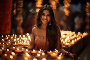 ai generado hermosa indio mujer con diwali diya en borroso antecedentes foto