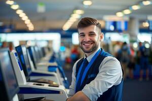 ai generado retrato de un sonriente aeropuerto empleado en uniforme a el registrarse mostrador foto