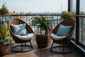 AI generated cozy patio balcony, seating area with wicker furniture and many plants photo