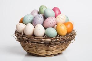 AI generated wicker basket with Easter eggs on a white background photo