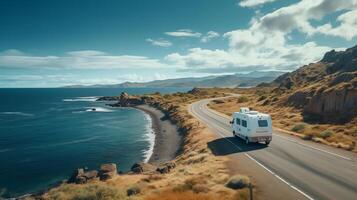 AI generated white van motorhome moves along the highway along the sea, family travel concept photo