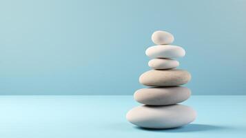 AI generated Stack of white zen stones on blue background photo